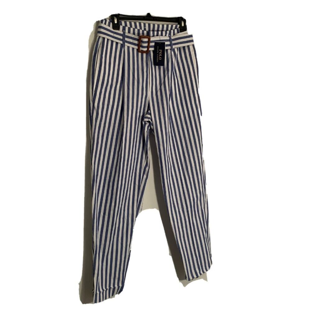 Polo Ralph Lauren Blue White Pinstripe Stripe Pants Belted Pants NWT
